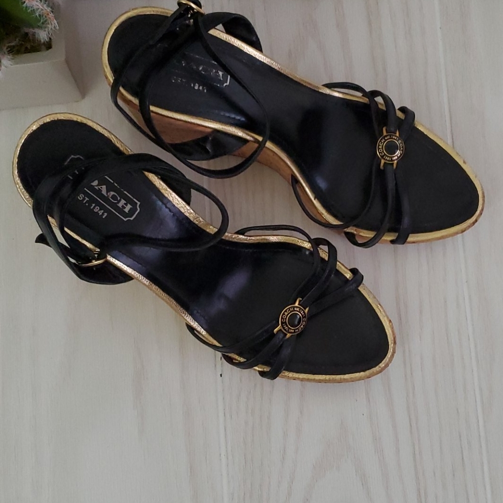 Coach Black Cork Ankle Strap Wedges - Picture 5 of 7